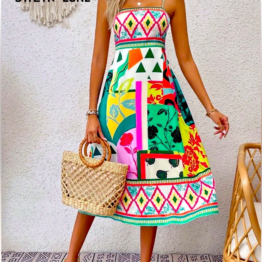 SHEIN Multicolor Spaghetti Strap Geometric Midi Dress